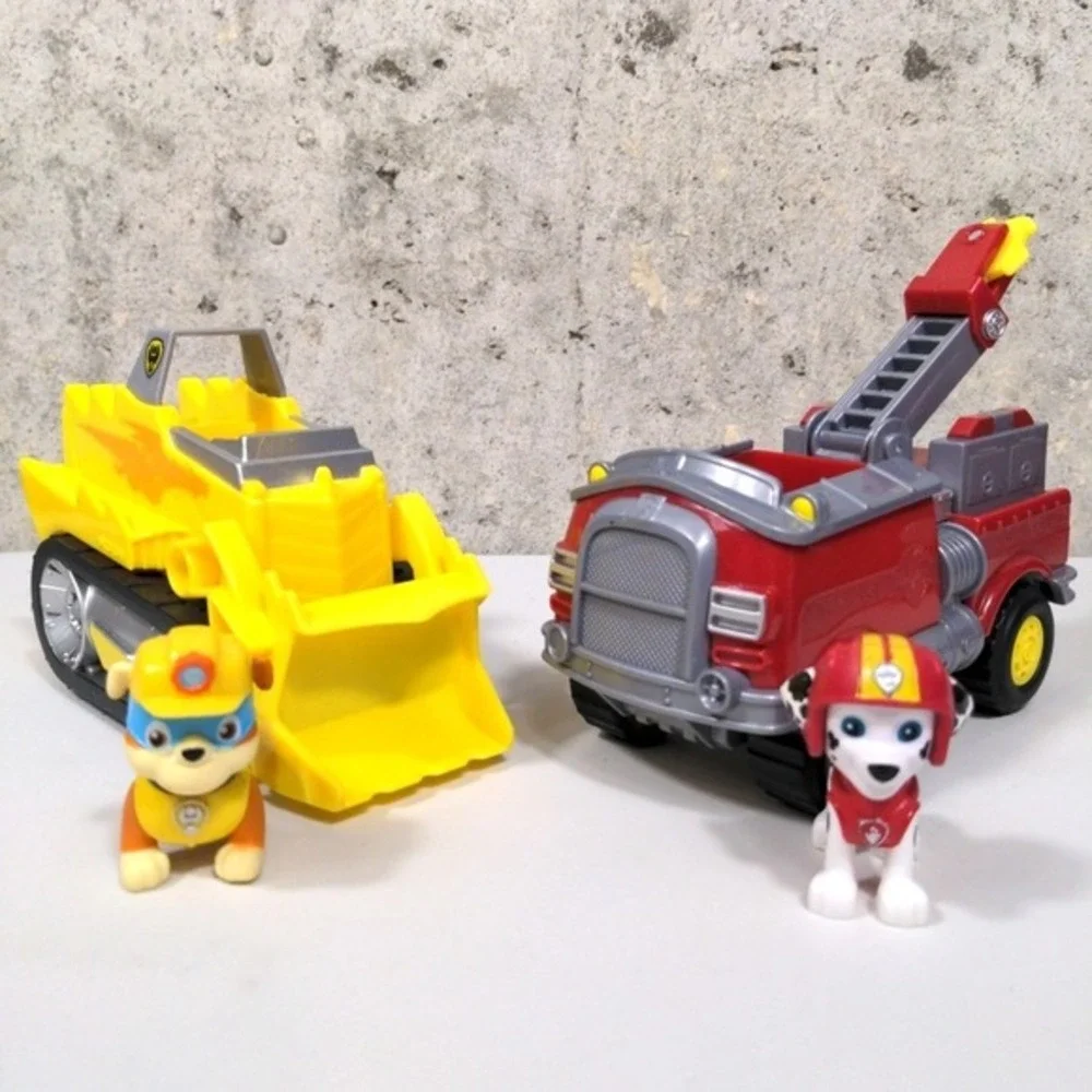 Paw Patrol Dino Rescue Marshall Fire Truck Rubble Deluxe Bulldozer Toy Lot 2 Pup